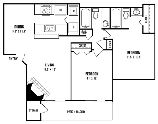 the floor plan for a two bedroom apartment at The Maxwell